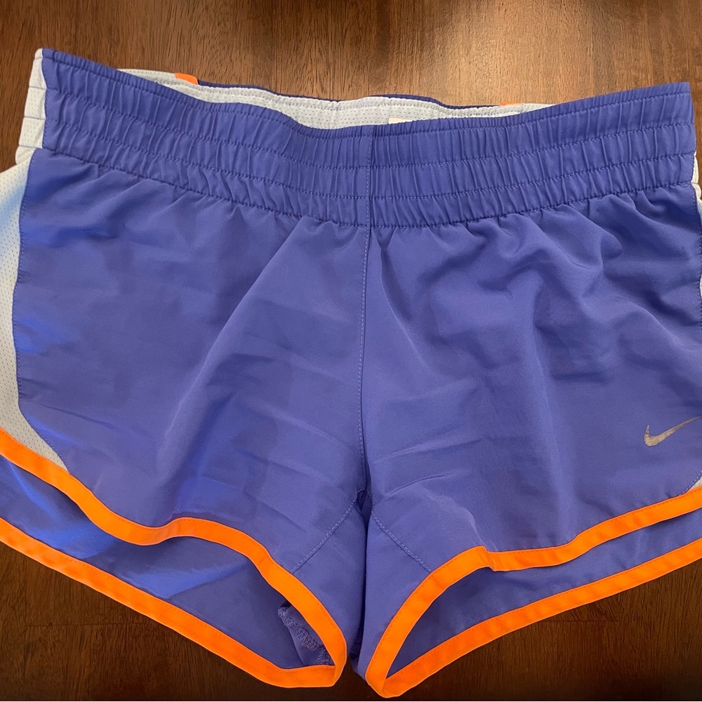 Nike Women's Dri-Fit Purple Athletic Shorts with Orange Trim (size Small)
